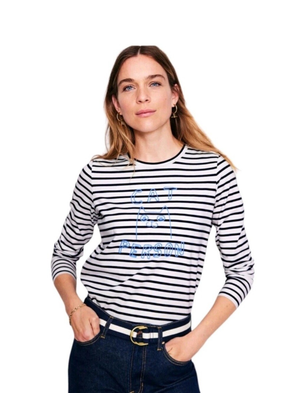 Boden Embroidered Cat Person Long Sleeve Regular T Shirt Womens Size Medium